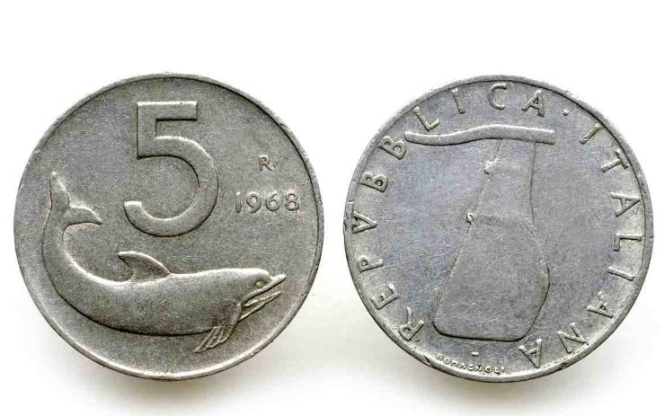 Moneta 5 lire Delfino coniazione 1968 